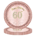 Roségoldene Pappteller zum 60. Geburtstag mit rosa Glitzerdesign und Happy Birthday Text - 60. Geburtstag Kleine Teller