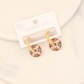 Vintage gold stainless steel drop earrings with colorful floral enamel patterns - Red Background Pink Flower (1#)