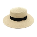 Classic straw boater hat in beige with black ribbon and bow detail on a white background - M (56-58cm) / Beige