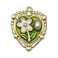 Heart-shaped gold pendant with green enamel, white flowers and a center pearl detail - Green Heart White Flower Leaf-22080