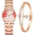 Women's rose gold watch set with palm leaf dial and matching star charm bracelet - Red + Bracelet