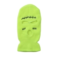 Detail of neon green 3-hole knit balaclava with black barbed wire and NOT NICE embroidery - Neon Yellow