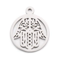 Colgante redondo de acero inoxidable plateado con diseño geométrico de Mano de Fátima - Estilo de Mano de Hamsa Plateada (KLJ5686-Z)