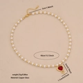 Faux pearl beaded necklace with a red heart pendant and gold-tone extension chain - Rhinestone Border Heart Necklace (5#)