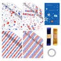 Birthday gift wrapping set with 4 paper designs, 2 ribbons, tape and a card - Set 1 (Includes 4 Sheets of Wrapping Paper and Accessories) / 50cm x 70cm