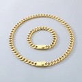 Golden stainless steel Cuban chain jewelry set with stylish rectangular clasp - 10mm Wide Type C Buckle / Bracelet 21cm / Gold