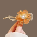 Elegant gold metal hair clip with orange gradient flower, white pearl, and small rhinestones - Orange Gradient Flower Pearl Hair Clip