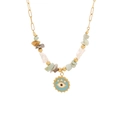 Natural stone and pearl beaded necklace with gold chain and blue evil eye heart pendant - Evil Eye Necklace