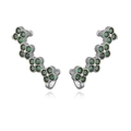 Detailed close-up of silver ear climbers with green zircon clover-shaped flower motifs - Platinum Green Zirconia