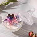 Handcrafted soy wax candle in ribbed glass jar with purple dried flowers and wood accents - Magnolia & Tuberose