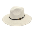 Summer foldable straw fedora sun hat in creamy white with black leather band and fringed brim - Pure White