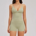 Women's two-piece yoga set with V-neck tank top and high-waist shorts in sage green - S / Moss Green
