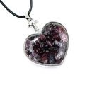Heart-shaped wish bottle necklace with deep red garnet stones and black wax cord - Garnet