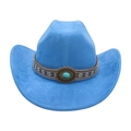 Western cowboy hat in bright blue felt with ethnic woven band and turquoise stone - One Size / Oval Blue Stone Decoration / Blue