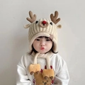 Beige baby winter knit hat and scarf set with cute reindeer antlers and red nose detail - 48-53cm (1-6 Years) / Beige