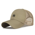 Khaki mesh trucker hat with three-stripe embroidery and breathable fabric for outdoors - Khaki