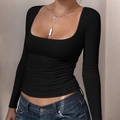 Elegante top nero a maniche lunghe con scollo quadrato in stile Y2K per donne - S / Nero