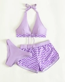 Three-piece purple striped bikini set with halter top and high-waisted shorts - S / Purple