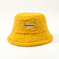 Detail shot of the plush lamb wool texture and letter embroidery on mango yellow bucket hat - M (56-58cm) / Yellow
