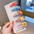 Detailed set of 5 cartoon hair clips for girls featuring sequins and flower designs - Little Girl Button Small Flower BB Clip Card