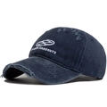 Gewassen blauwe honkbalpet met wit Power Presents borduursel en distressed details - Verstelbaar / Marineblauw