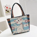 Cute cartoon cat embroidery canvas tote bag with colorful ethnic stripe handles - Blue Striped Kitten