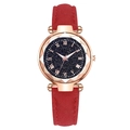 Montre femme avec bracelet en cuir rouge et cadran bleu étoilé avec chiffres romains - Rouge