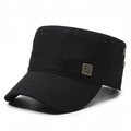 Classic black cotton flat top army cap for men with vintage metal side decoration - Adjustable / Black