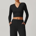Slim fit black V-neck long sleeve crop top with matching stretch yoga pants for women - XL / Premium Black