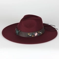 Elegant burgundy wool felt fedora hat with floral embroidered band and bull head - Adjustable / Bull Head Embroidery Style / Burgundy