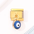 Macro detail of golden rectangular link with blue Evil Eye charm for DIY stretch bracelet - 0245 - All Gold Blue Eye Pendant