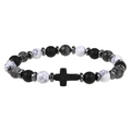 Cross bracelet featuring snowflake obsidian, matte black stones and white marble beads - Black White Spotted (B4535-C)