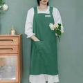 Green linen kitchen apron with wide shoulder straps and large front pockets for women - Green