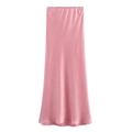 Detail view of pink satin midi skirt showing glossy texture and smooth silk-like fabric - Pink