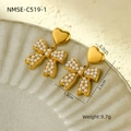 Elegant gold heart earrings with pearl bow detail displayed on ceramic tray - Heart Ear Hook Bow Pearl Style (NMSE-C519-1)