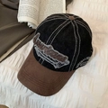 Casquette de baseball en denim délavé bleu foncé et marron avec broderie vintage - Réglable / Noir