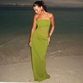 Slim fit lime green lace patchwork maxi dress with thin straps for summer beach fashion - XS / Yellow-Green