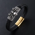 Bracciale minimalista in pelle nera intrecciata con ragno argento e chiusura dorata - Oro