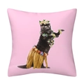 Close-up of pink cushion cover showing a cute dancing otter with a flower garland and hula skirt - 18x18 Inch / 05 Otter