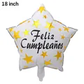 18-inch white star foil balloon with gold stars and Spanish Feliz Cumpleaños text - 18 Inch Spanish White Gold Star Round