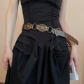 Detail of brown leather belt with vintage punk metal rivets and round ring ornaments - 1# Waist Chain / Brown