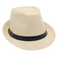 Detail of woven straw fedora hat featuring a black leather band and silver metal buckle - Beige