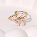 Adjustable gold plated stainless steel ring featuring a pink bow tie with twisted band - Pink