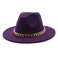 Detail of deep purple fedora hat featuring a chunky gold acrylic link chain decoration - Purple / M (56-58cm)