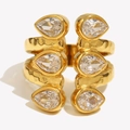 18K gold plated double layer stainless steel ring with symmetrical pear-cut zircons - Double Layer Symmetrical Pear Zirconia Open Style (R5371) / Gold