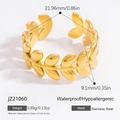 Adjustable golden stainless steel ring featuring a leaf pattern with waterproof finish - Wide Leaf Design (JZ21060)