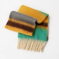 Soft checkered mohair scarf with tassels in yellow, brown, green and gray stripes - 45x200+10x2cm / Yellow Green Brown Stripe