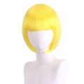 Detailed view of yellow bob wig with straight bangs on a white mannequin head - Bright Yellow
