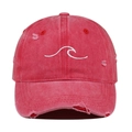 Close-up of distressed vintage pink baseball cap with white wave embroidery detail - One Size / Watermelon red