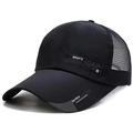 Side view of black breathable mesh baseball cap with stylish sports printed text - Blue Mesh